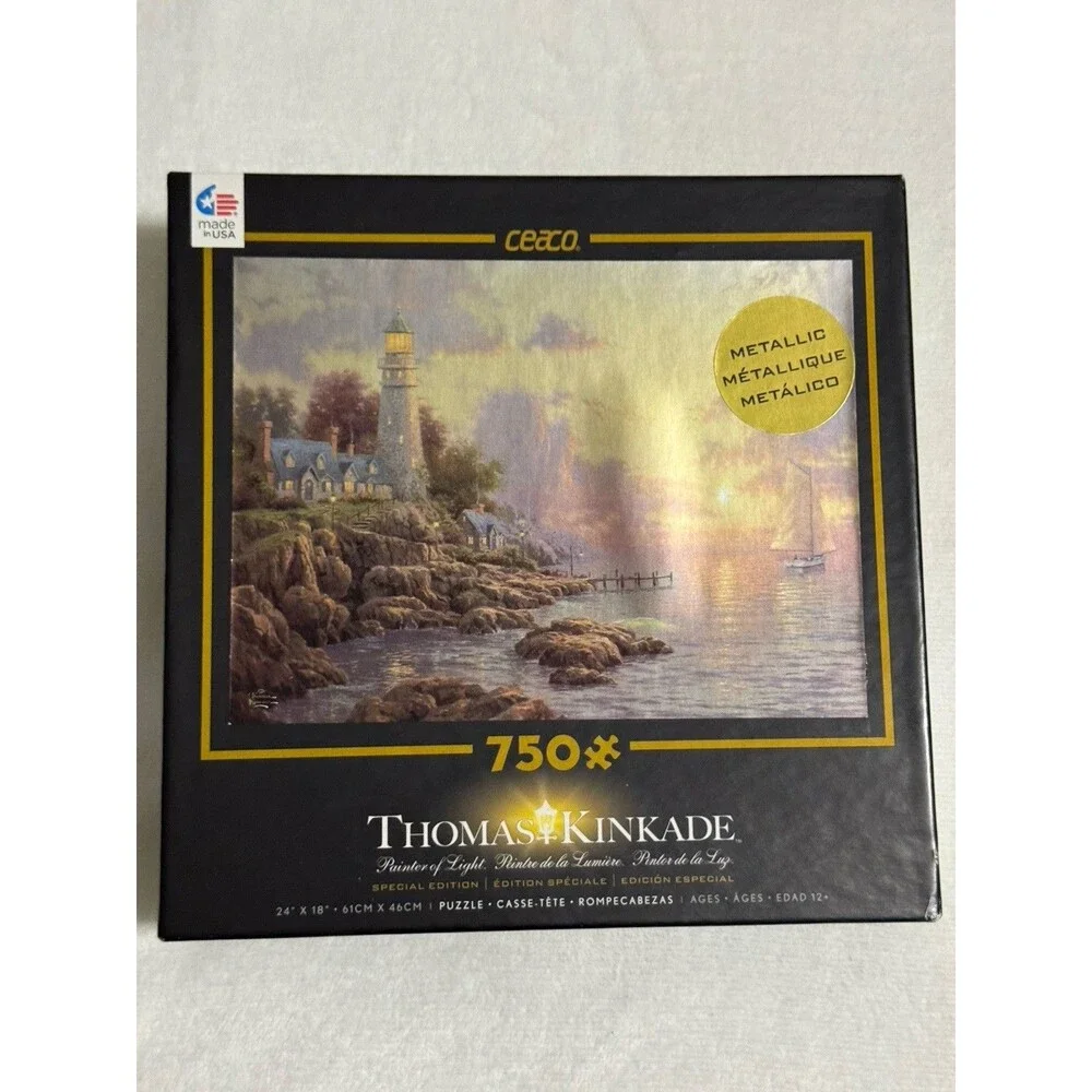 Thomas Kinkade Metallic Sunset Lamplight Lane River Queen 750 pc Lot 3 Puzzles